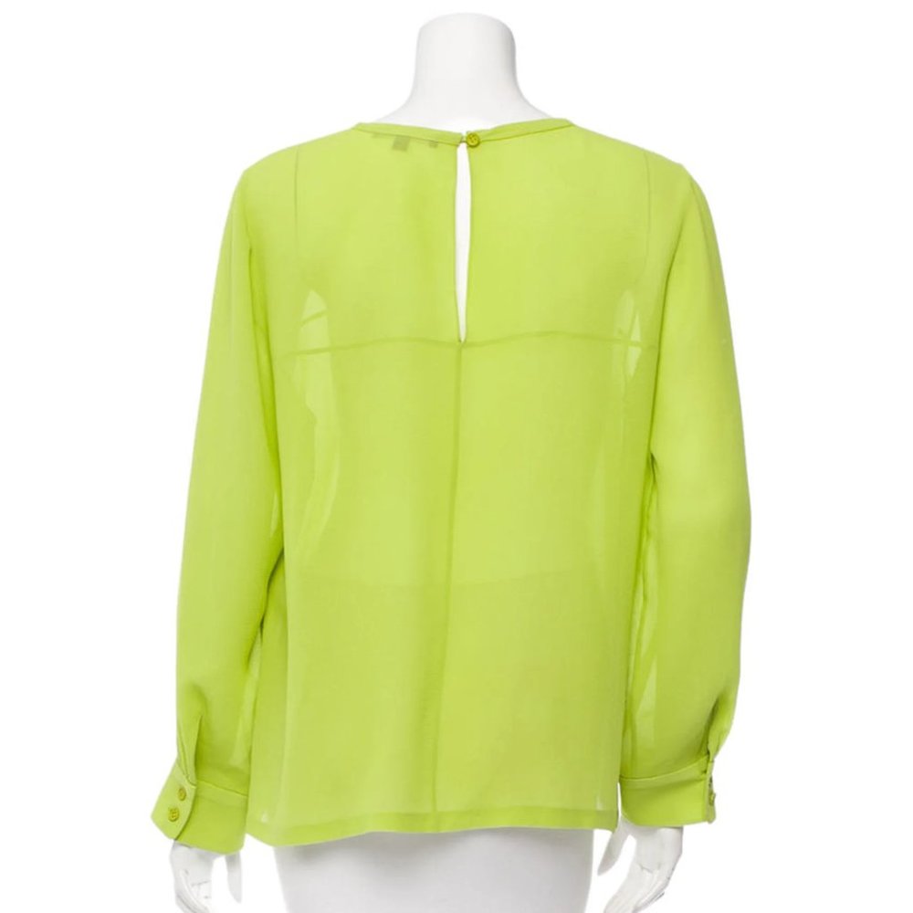 Neon green silk long sleeve top - Picture 3 of 4